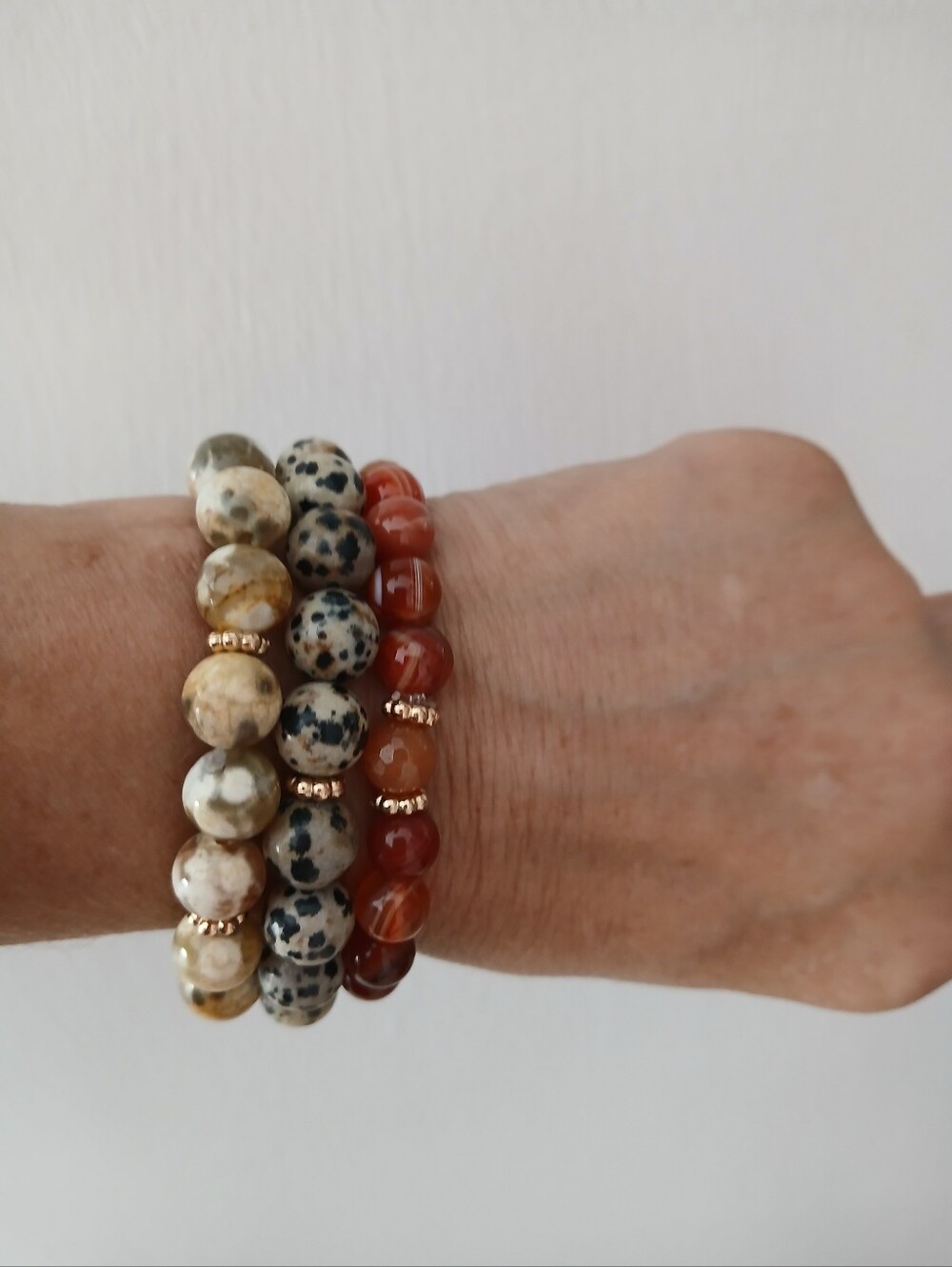 Dalmatian Jasper and Carnelian Stretch Bracelet Trio - Neutral & Red Set Of 3